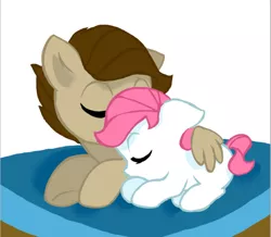 Size: 678x592 | Tagged: artist:h0mi3, awww, brother and sister, colt, cute, derpibooru import, female, filly, hug, male, oc, oc:humble, oc:pastel lilly, offspring, parent:bulk biceps, parent:fluttershy, parents:flutterbulk, puppy love, safe, siblings, sleeping, unofficial characters only, winghug, younger