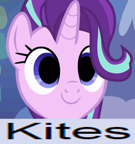 Size: 809x862 | Tagged: safe, derpibooru import, edit, edited screencap, screencap, starlight glimmer, pony, unicorn, caption, empty eyes, expand dong, exploitable meme, image macro, kite, meme, no catchlights, smiling, that pony sure does love kites