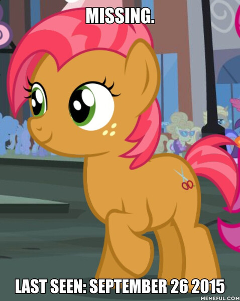 Size: 600x753 | Tagged: safe, derpibooru import, edit, edited screencap, screencap, babs seed, earth pony, pony, cropped, female, filly, image macro, meme, missing, raised hoof, smiling, solo focus