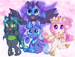 Size: 1500x1125 | Tagged: safe, artist:zokkili, derpibooru import, nightmare moon, princess celestia, princess luna, queen chrysalis, alicorn, changeling, pony, bipedal, cewestia, cute, cutealis, cutelestia, duality, ear fluff, female, filly, filly celestia, filly luna, filly queen chrysalis, looking at you, lunabetes, moonabetes, nightmare woon, open mouth, pink-mane celestia, self ponidox, sitting, smiling, spread wings, underhoof, wings, woona, young celestia, young luna, younger