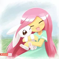 Size: 1000x1000 | Tagged: safe, artist:howxu, derpibooru import, angel bunny, fluttershy, equestria girls, angelbetes, clothes, cute, dress, duo, female, howxu is trying to murder us, male, shyabetes