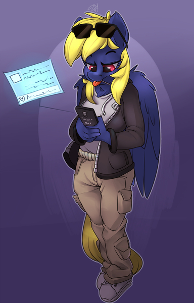 Size: 1600x2500 | Tagged: safe, artist:passigcamel, derpibooru import, oc, oc:naveen numbers, unofficial characters only, anthro, plantigrade anthro, clothes, commission, envelope, jacket, leather jacket, looking down, mobile phone, phone, shoes, smartphone, solo, sunglasses, tongue out