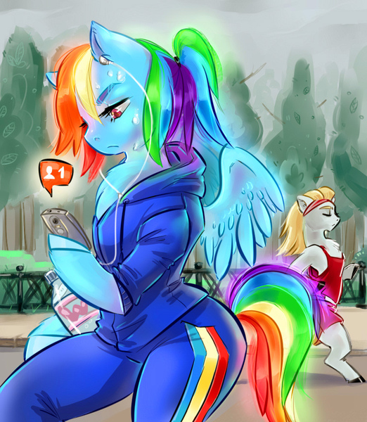 Size: 756x869 | Tagged: anthro, artist:dokitane, derpibooru import, female, headphones, jogging, mobile phone, oc, pegasus, phone, rainbow dash, safe, scenery, water bottle