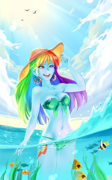 Size: 1702x2722 | Tagged: suggestive, artist:dokitane, derpibooru import, rainbow dash, fish, equestria girls, belly button, breasts, clothes, ear piercing, earring, female, hat, jewelry, midriff, open mouth, piercing, solo, swimsuit, water