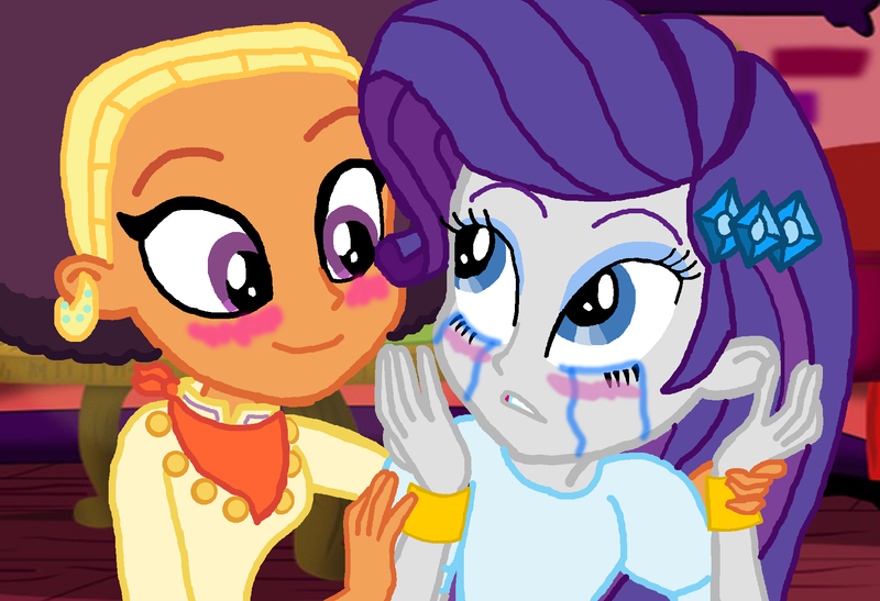 Size: 1800x1231 | Tagged: safe, artist:fernandash, artist:ktd1993, derpibooru import, rarity, saffron masala, equestria girls, afro, base used, blushing, crying, equestria girls-ified, female, lesbian, raffron, shipping, the tasty treat