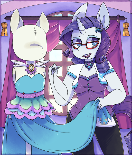 Size: 1340x1564 | Tagged: anthro, artist:drmedrick, breasts, busty rarity, clothes, derpibooru import, dress, female, glasses, heart eyes, jewelry, mannequin, necklace, rarity, safe, solo, watermark, wingding eyes