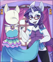 Size: 1340x1564 | Tagged: anthro, artist:drmedrick, breasts, busty rarity, clothes, derpibooru import, dress, female, glasses, heart eyes, jewelry, mannequin, necklace, rarity, safe, solo, watermark, wingding eyes