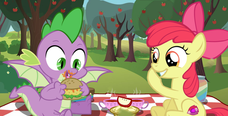 Size: 1241x632 | Tagged: safe, alternate version, artist:brony-art, derpibooru import, apple bloom, spike, dragon, apple tree, burger, cute, female, food, giggling, hay burger, male, orchard, picnic, picnic blanket, pie, shipping, spikebloom, straight, sweet apple acres, tea, tree, winged spike