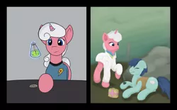 Size: 1600x989 | Tagged: safe, artist:redquoz, derpibooru import, oc, oc:soft heart, earth pony, pony, unicorn, fallout equestria, atgday29, crossover, injured, medkit, newbie artist training grounds, nurse, potion, potion making, star trek, star trot