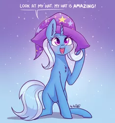Size: 2282x2433 | Tagged: safe, artist:dsp2003, derpibooru import, trixie, pony, unicorn, 30 minute art challenge, blushing, clothes, cute, diatrixes, ear fluff, female, gradient background, hat, horn, look at my horse, mare, mr weebl, open mouth, signature, smiling, solo, song reference, speech bubble, stars, trixie's hat