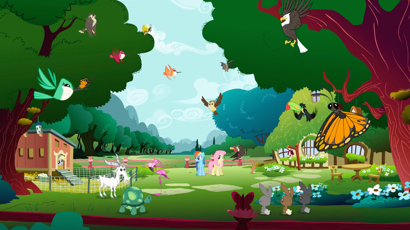 Size: 1440x809 | Tagged: safe, derpibooru import, screencap, derpy hooves, fluttershy, rainbow dash, tank, bald eagle, bat, bird, butterfly, buzzard, eagle, falcon, flamingo, goat, hummingbird, insect, keel-billed toucan, owl, pegasus, pony, rabbit, tortoise, toucan, wasp, may the best pet win, animal, bird of prey, chicken coop, female, fluttershy's cottage, flying, mare, monarch butterfly, peregrine falcon, tree