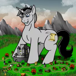 Size: 1280x1280 | Tagged: safe, artist:silverbrony97, derpibooru import, oc, oc:silvermane, unofficial characters only, pony, unicorn, castle, evil, evil grin, giant pony, grin, land, macro, male, monster, scenery, smiling, solo, stallion, this will end in death, this will end in tears, this will end in tears and/or death, this will not end well, tiny, town, village