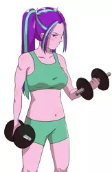 Size: 2105x3227 | Tagged: safe, artist:amazingpuffhair, derpibooru import, aria blaze, equestria girls, belly button, clothes, commission, female, looking at you, midriff, simple background, solo, sports bra, sports shorts, sweat, weight lifting, weights, white background, workout, workout outfit