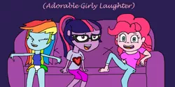 Size: 1359x677 | Tagged: safe, artist:logan jones, derpibooru import, pinkie pie, rainbow dash, sci-twi, twilight sparkle, equestria girls, alternate clothes, barefoot, clothes, couch, cute, feet, female, glasses, ireland, irish flag, jeans, laughing, nail polish, oneyplays, pants, ponytail, shirt, skirt, subtitles, t-shirt, toes