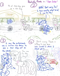 Size: 1280x1611 | Tagged: safe, artist:adorkabletwilightandfriends, derpibooru import, cloudchaser, octavia melody, vinyl scratch, earth pony, pegasus, pony, unicorn, comic:adorkable twilight and friends, adorkable friends, automobile, bowtie, car, chrysler 200, chrysler pacifica, comic, cute, damage, embarrassed, face down ass up, falling, friendship, groceries, grocery store, humor, klutz, lineart, parking lot, plot, sad, silly, sitting, store, suck, sucking, sucking in, tavi, tripping, upset, vinyl saves the day