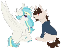 Size: 2838x2292 | Tagged: safe, artist:skimea, derpibooru import, oc, oc:mylow blaze, unofficial characters only, pegasus, pony, unicorn, female, male, mare, simple background, sitting, stallion, transparent background