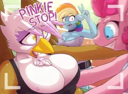 Size: 1280x940 | Tagged: suggestive, artist:loneless-art, derpibooru import, gilda, pinkie pie, rainbow dash, anthro, earth pony, gryphon, pegasus, big breasts, breasts, busty gilda, busty rainbow dash, camera shot, cleavage, clothes, eyes on the prize, female, gildapie, huge breasts, implied gildapie, implied lesbian, implied shipping, lesbian, mare, photobomb, running track, selfie, shipping, sweat, sweatdrop, workout outfit