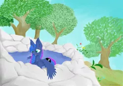Size: 1250x875 | Tagged: safe, artist:the-fox-experiment, derpibooru import, princess luna, alicorn, pony, detailed background, female, flower, mare, pond, solo, swimming, tree, water, wet mane