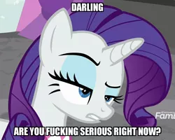 Size: 1160x926 | Tagged: safe, derpibooru import, edit, edited screencap, screencap, rarity, pony, unicorn, are you serious, clothes, darling, discovery family logo, eyeshadow, female, food, makeup, mare, marshmallow, raised eyebrow, scarf, vulgar