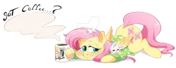 Size: 1280x499 | Tagged: safe, artist:g-blue16, derpibooru import, part of a set, angel bunny, fluttershy, pegasus, pony, clothes, coffee, coffee mug, duo, female, folded wings, hair ornament, lidded eyes, looking at you, looking sideways, mare, morning ponies, mug, obtrusive watermark, pajamas, prone, simple background, transparent background, watermark