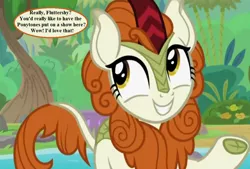 Size: 1000x675 | Tagged: autumn blaze, awwtumn blaze, cloven hooves, cropped, cute, derpibooru import, edit, edited screencap, kirin, safe, screencap, sounds of silence, speech bubble, spoiler:s08, text