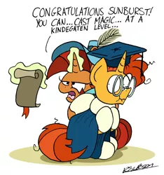 Size: 1444x1545 | Tagged: safe, artist:bobthedalek, derpibooru import, stellar flare, sunburst, pony, unicorn, atg 2018, bitch, clothes, diploma, disappointed, dress, female, gown, graduation, graduation cap, hat, hug, magic, male, mare, messy mane, misspelling, mother and son, newbie artist training grounds, scroll, simple background, socks (coat marking), stallion, stellar flare is not amused, telekinesis, unamused, white background