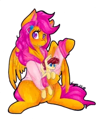 Size: 1280x1518 | Tagged: safe, artist:mscolorsplash, derpibooru import, scootaloo, oc, oc:lightning blitz, pegasus, pony, comic:ask motherly scootaloo, baby, baby pony, clothes, female, hairpin, holding a pony, male, mother and son, motherly scootaloo, offspring, older, older scootaloo, parent:rain catcher, parent:scootaloo, parents:catcherloo, simple background, sweatshirt, tongue out, transparent background