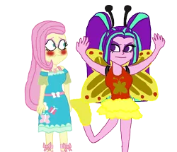 Size: 2200x1895 | Tagged: safe, artist:bigpurplemuppet99, derpibooru import, aria blaze, fluttershy, equestria girls, equestria girls series, ariashy, blushing, butterfly wings, clothes, costume, female, flutterblaze, lesbian, seductive, shipping, simple background, transparent background