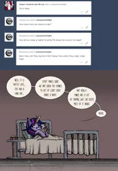 Size: 929x1345 | Tagged: artist:dreamingnoctis, ask asylum twilight, bed, derpibooru import, safe, smarty pants, solo, twilight sparkle