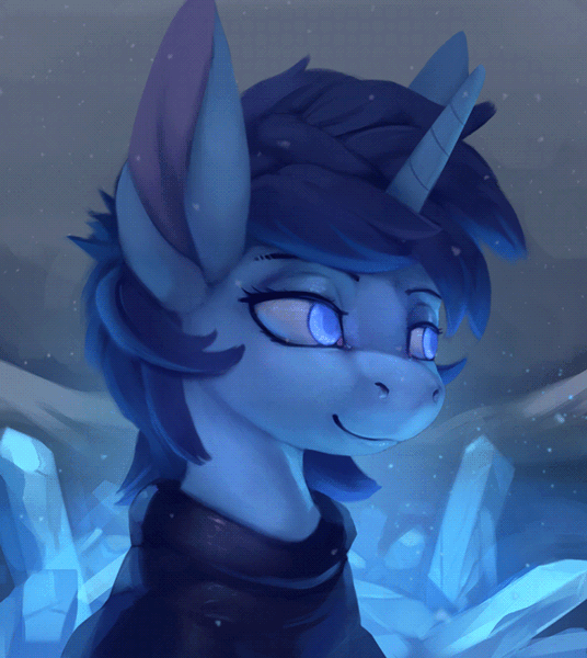 Size: 581x650 | Tagged: safe, artist:rodrigues404, derpibooru import, oc, oc:cerulean chisel, unofficial characters only, pony, unicorn, animated, bust, cinemagraph, commission, digital art, female, mare, portrait, smiling, snow, snowfall, solo