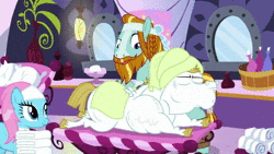 Size: 1280x720 | Tagged: safe, derpibooru import, screencap, blossomforth, bulk biceps, lotus blossom, neon lights, nurse tenderheart, rising star, rockhoof, twinkleshine, earth pony, pegasus, pony, a rockhoof and a hard place, animated, beard, braid, facial hair, female, freckles, male, mare, massage, moustache, ouch, pain, ponyville, ponyville spa, running away, screaming, sound, stallion, vein, webm