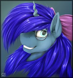 Size: 1153x1234 | Tagged: safe, artist:flareheartmz, derpibooru import, oc, oc:save state, unofficial characters only, pony, unicorn, bowtie, bust, glasses, portrait, smiling, solo