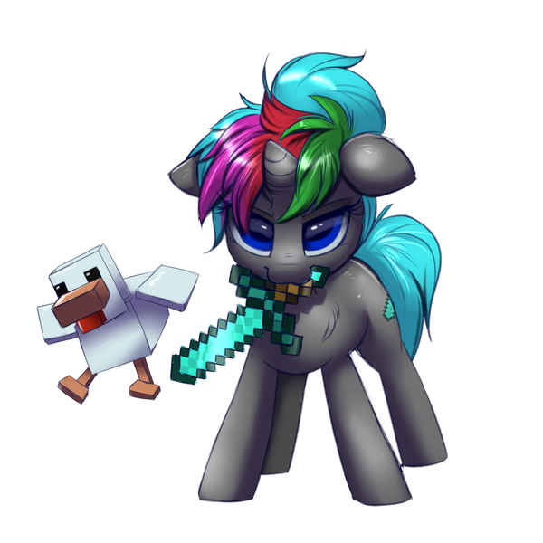 Size: 2000x2000 | Tagged: safe, artist:confetticakez, derpibooru import, oc, oc:diamond sharp, unofficial characters only, bird, chicken, pony, unicorn, crossover, female, floppy ears, mare, minecraft, mouth hold, ponytail, simple background, solo, sword, video game, weapon, white background