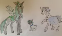 Size: 1023x605 | Tagged: artist:doodletheexpoodle, changepony, chrysombra, derpibooru import, family, female, good king sombra, hybrid, interspecies offspring, king sombra, male, offspring, parent:king sombra, parent:queen chrysalis, parents:chrysombra, queen chrysalis, safe, shipping, straight, traditional art