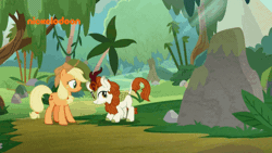 Size: 600x338 | Tagged: safe, derpibooru import, screencap, applejack, autumn blaze, earth pony, kirin, pony, sounds of silence, animated, awwtumn blaze, cute, duo, female, gif, mare, nickelodeon, parkour, prancing, singing