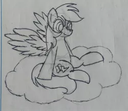 Size: 2368x2061 | Tagged: artist:twinblade edge, cloud, derpibooru import, monochrome, rainbow dash, safe, sitting, smiling, solo, spreading, spread legs, spread wings, traditional art, wings