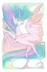 Size: 1098x1680 | Tagged: artist:eugenchen, bipedal, charades, colored wings, curved horn, cutie mark, derpibooru import, eyes closed, horse play, princess celestia, rearing, safe, simple background, smiling, solo, spread wings, unshorn fetlocks, white background, wings