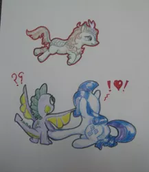 Size: 1061x1223 | Tagged: safe, artist:hillbe, derpibooru import, rarity, spike, dragon, kirin, pony, unicorn, exclamation point, female, heart, male, question mark, shipping, sparity, straight, traditional art, wings