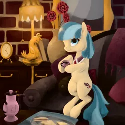 Size: 1000x1000 | Tagged: safe, artist:phiktorial, derpibooru import, coco pommel, earth pony, pony, couch, cutie mark, female, food, indoors, looking at you, mare, sitting, smiling, solo, tea