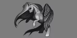 Size: 6600x3263 | Tagged: safe, artist:splatterpaint-donkey, derpibooru import, pegasus, pony, female, gray background, grayscale, looking at you, mare, monochrome, rearing, simple background, smiling, solo, spread wings, windswept mane, wings