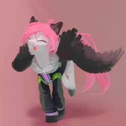 Size: 1280x1280 | Tagged: safe, artist:yanisfucker, derpibooru import, oc, unofficial characters only, pegasus, pony, abstract background, clothes, cute, eyes closed, flower, jacket, mouth hold, running, smiling, solo, spread wings, wings