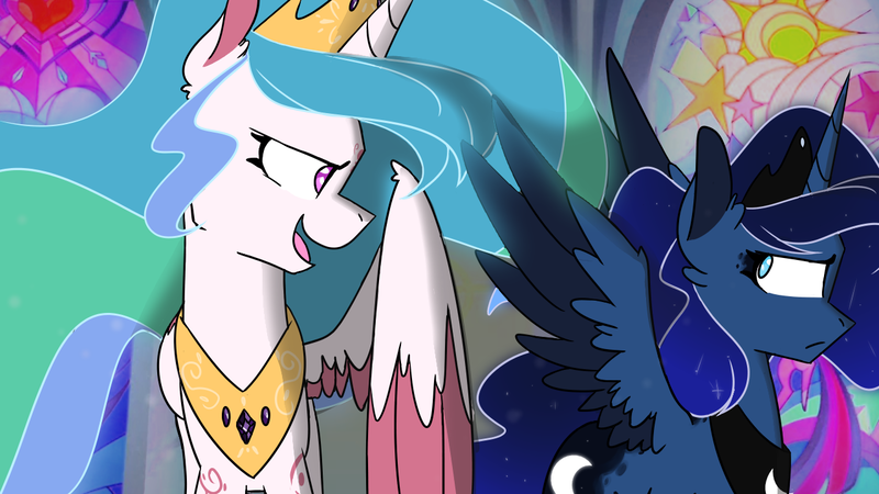 Size: 1280x720 | Tagged: safe, artist:corrumi, derpibooru import, princess celestia, princess luna, alicorn, pony, colored wings, colored wingtips, crown, female, jewelry, mare, regalia