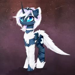 Size: 2341x2339 | Tagged: safe, artist:magnaluna, derpibooru import, princess luna, alicorn, pony, :p, alternate design, alternate universe, chest fluff, curved horn, cute, female, floppy ears, fluffy, fur, heart, lunabetes, mare, paws, smiling, solo, space, species swap, stars, tongue out