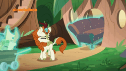 Size: 600x338 | Tagged: safe, derpibooru import, screencap, autumn blaze, pony, sounds of silence, a kirin tale, animated, armchair, cloven hooves, couch, female, gif, image, loop, magic, magic aura, nickelodeon, nose in the air, silly, silly pony, solo, struggling, stuck, telekinesis