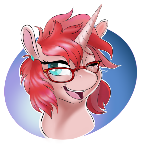 Size: 2880x2880 | Tagged: safe, artist:firimil, derpibooru import, oc, oc:rose quill, unofficial characters only, pony, unicorn, bust, commission, digital art, female, glasses, looking at you, mare, one eye closed, red hair, red mane, simple background, solo, transparent background, wink