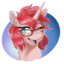 Size: 2880x2880 | Tagged: safe, artist:firimil, derpibooru import, oc, oc:rose quill, unofficial characters only, pony, unicorn, bust, commission, digital art, female, glasses, looking at you, mare, one eye closed, red hair, red mane, simple background, solo, transparent background, wink