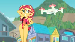 Size: 1920x1080 | Tagged: suggestive, artist:fishsandwich, derpibooru import, edit, edited screencap, screencap, sunset shimmer, equestria girls, equestria girls series, forgotten friendship, arm behind head, baywatch, clothes, one-piece bikini, one-piece swimsuit, selfie drone, smiling, swimsuit, swimsuit edit