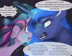Size: 1280x989 | Tagged: safe, artist:silfoe, derpibooru import, princess luna, twilight sparkle, alicorn, pony, unicorn, moonsetmlp, alternate timeline, alternate universe, angry, crying, dialogue, female, implied chrysalis, implied discord, implied king sombra, implied pony of shadows, implied tirek, looking at each other, mare, speech bubble, tumblr
