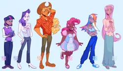Size: 1024x591 | Tagged: applejack, artist:toytlebox, asexuality, blue background, book, clothes, converse, derpibooru import, diversity, fluttershy, glasses, height difference, high heels, homosexuality, human, humanized, mane six, pinkie pie, rainbow dash, rarity, safe, shoes, signature, simple background, sneakers, twilight sparkle