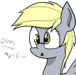 Size: 1337x1314 | Tagged: safe, artist:pinkberry, derpibooru import, derpy hooves, pegasus, pony, blushing, bust, female, filly, freckles, handwriting, solo, text, wings